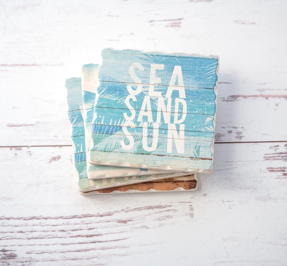 Sea, Sand, Sun coaster stack of 4 on rustic wood background