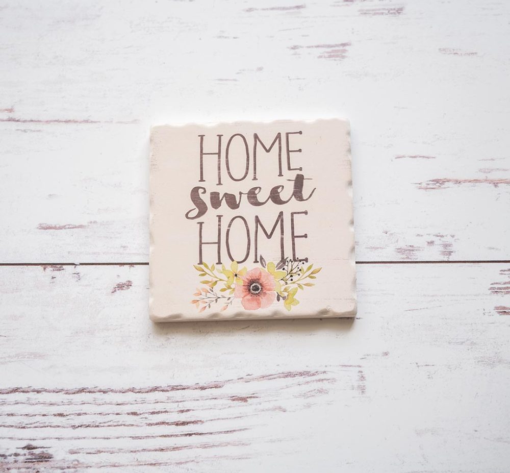 CounterArt and Highland Home GHome Sweet Home coasters on white backdrop