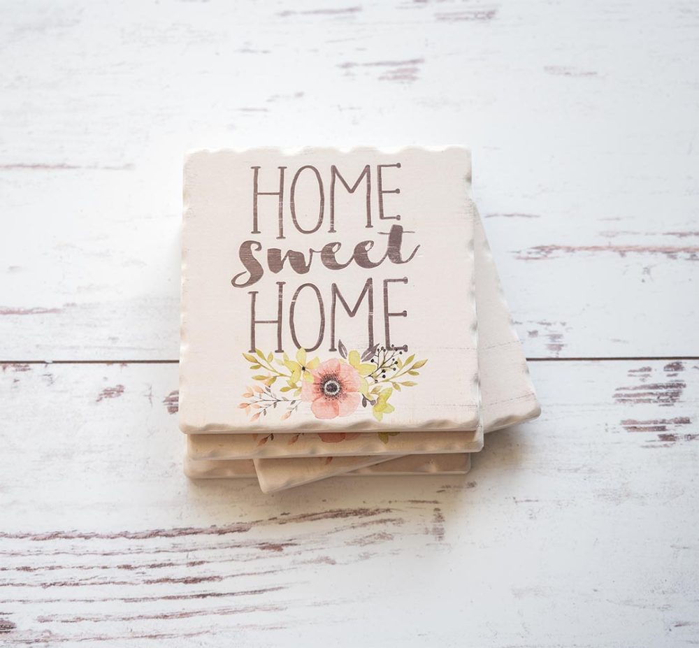 CounterArt and Highland Home GHome Sweet Home coaster set on white backdrop