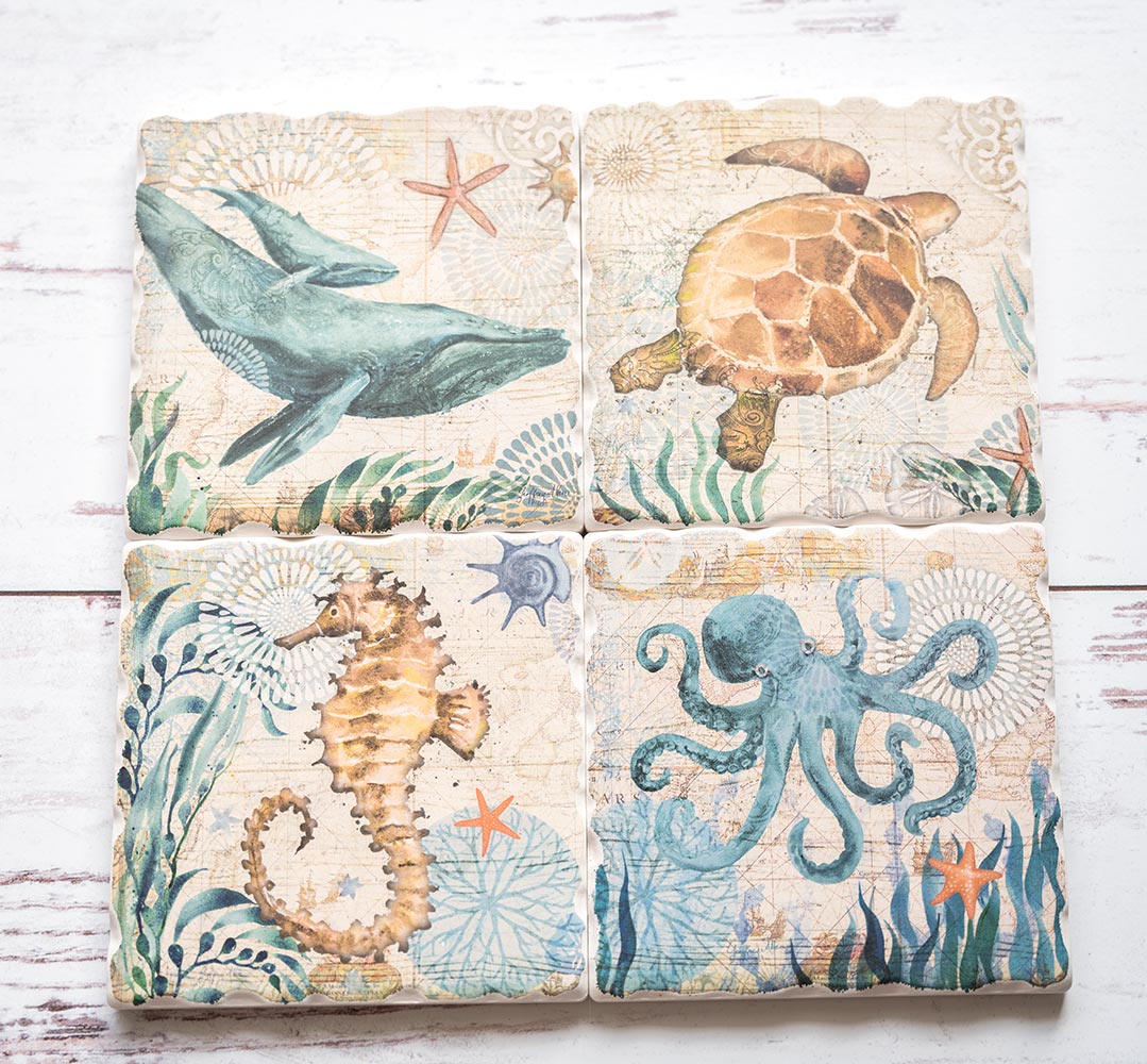 CounterArt and Highland Home Nautical Ocean Life Coaster Set Group of Four