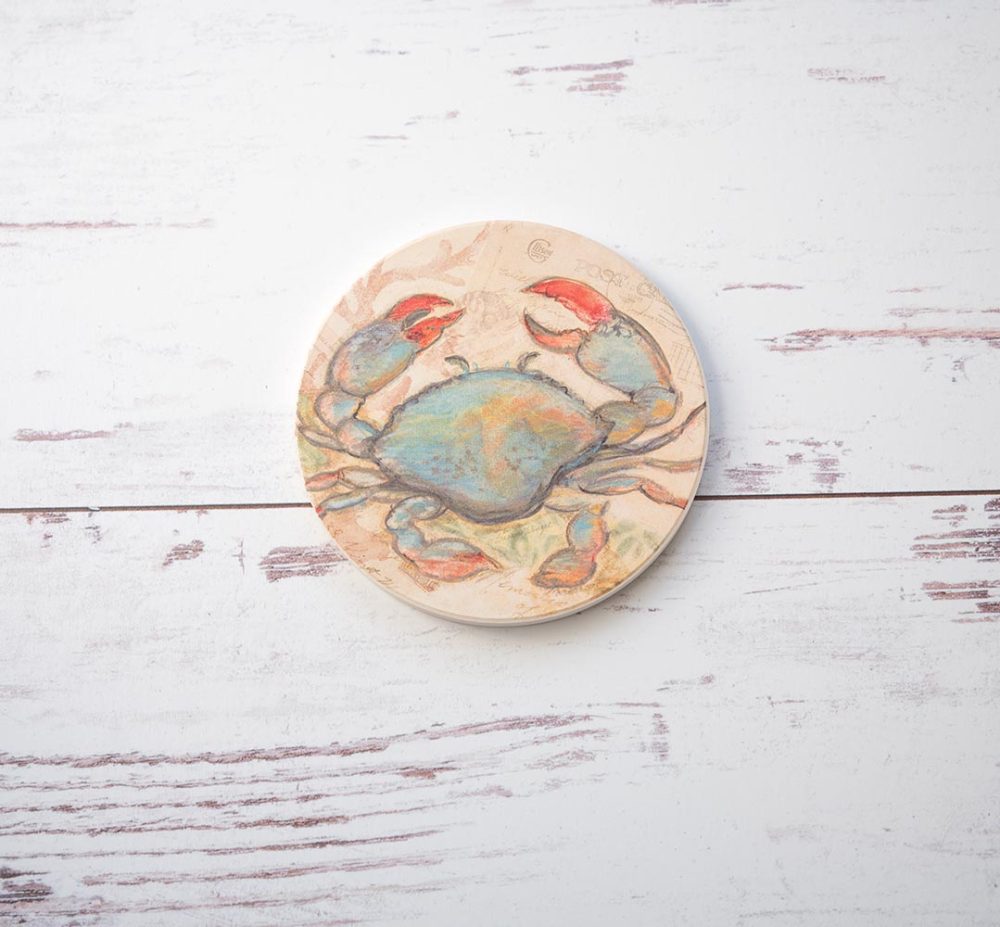 Seaside Blue Crab coiaster by CounterArt and Highland Home on a rustric white wood background