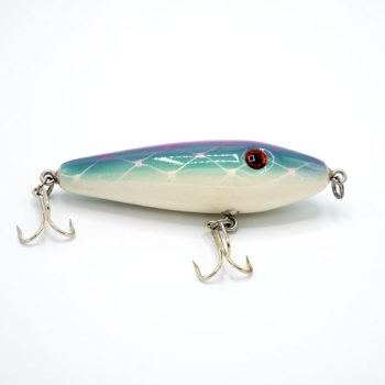 Side view of a pink & turquoise pine wood fishing lure
