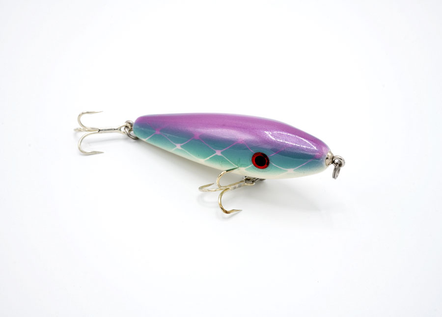Upright view of the Pink & Turquoise pine wood fishing lure by JL Lures