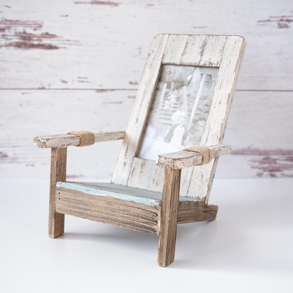 Side view of the wooden weathered beach chair picture frame by Beachcombers angled view