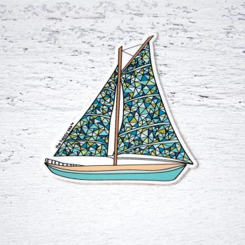 Colorful sailboat by the Happy Sea on white distressed wood