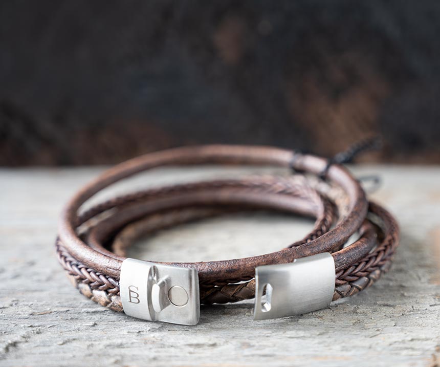 Front View of the Leather Bonacci Bracelet by Steel & Barnett with Open Clasp in Brown