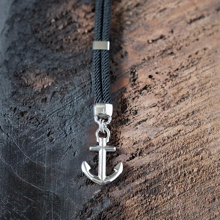 Top View of the Anchor of the Women’s New Haven Anchor Bracelet in Black by Maris Sal Nautical