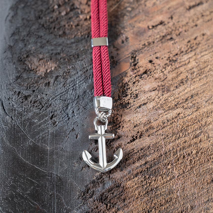 Top View of the Anchor of the Women's New Haven Anchor Bracelet in Bordeaux by Maris Sal Nautical