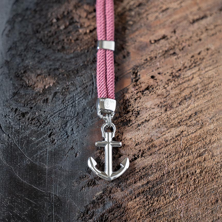 Top View of the Anchor of the Women's New Haven Anchor Bracelet in dusty pink by Maris Sal Nautical