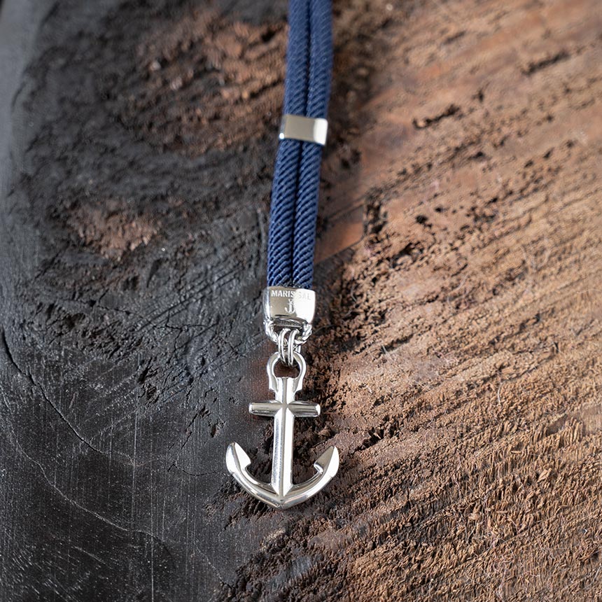 Top View of the Anchor of the Women's New Haven Anchor Bracelet in navy by Maris Sal Nautical