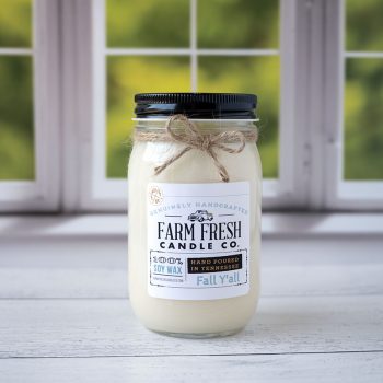 The Fall Y'all Fall scented soy candle by Farm Fresh Candle Co on a rustic wood top and window with blurred trees