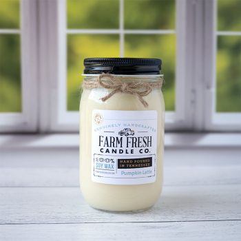 The Pumpkin Latte Fall scented soy candle by Farm Fresh Candle Co on a rustic wood top and window with blurred trees