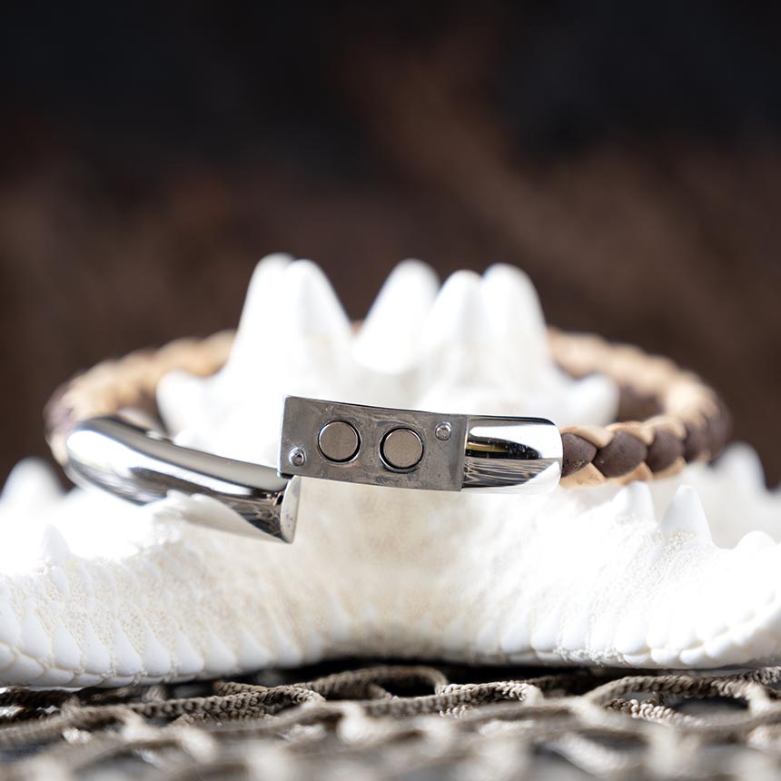 Open Clasp View of the Men’s Cork Tree Designs Two Tone Weaved Cork Bracelet on a Starfish