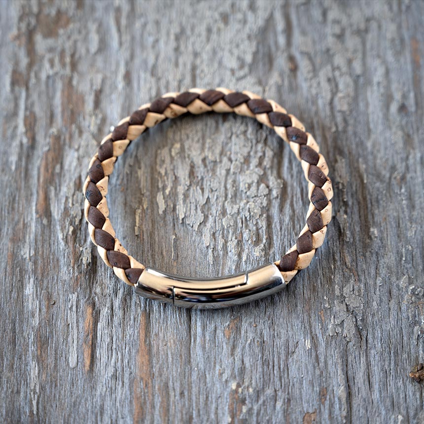 Top view of the men's Cork Tree Designs corked weaved two tone bracelet
