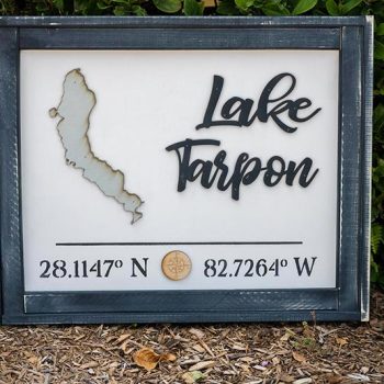 Lake Tarpon Coordinates wood sign resting along shrubs