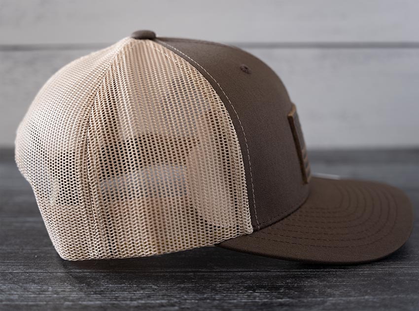 Right Side View of the RANGE Leather American Flag Leather Patch Hat in Brown & Khaki