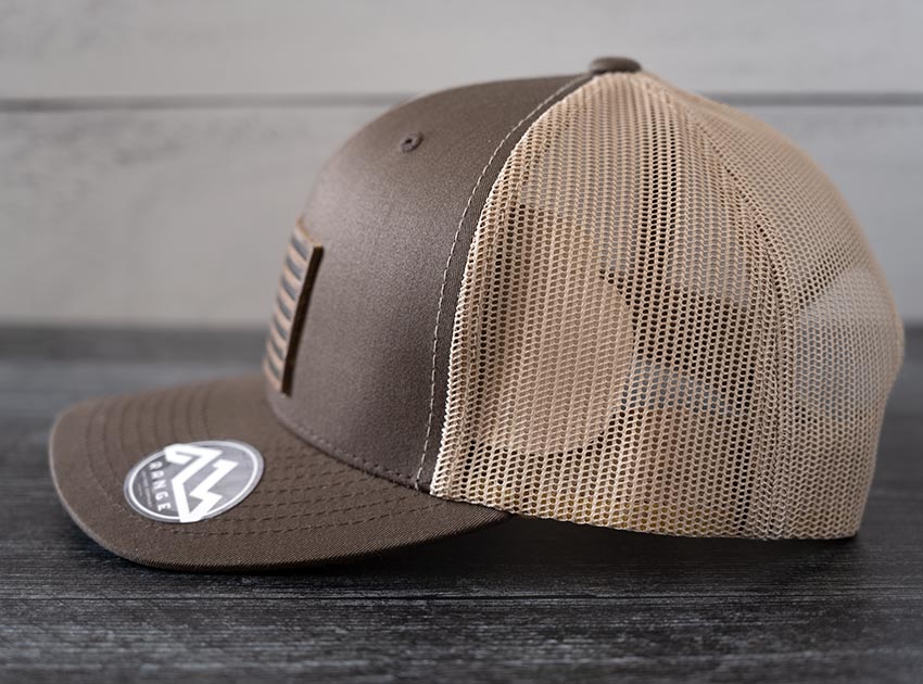 Side View of the RANGE Leather American Flag Leather Patch Hat in Brown & Khaki