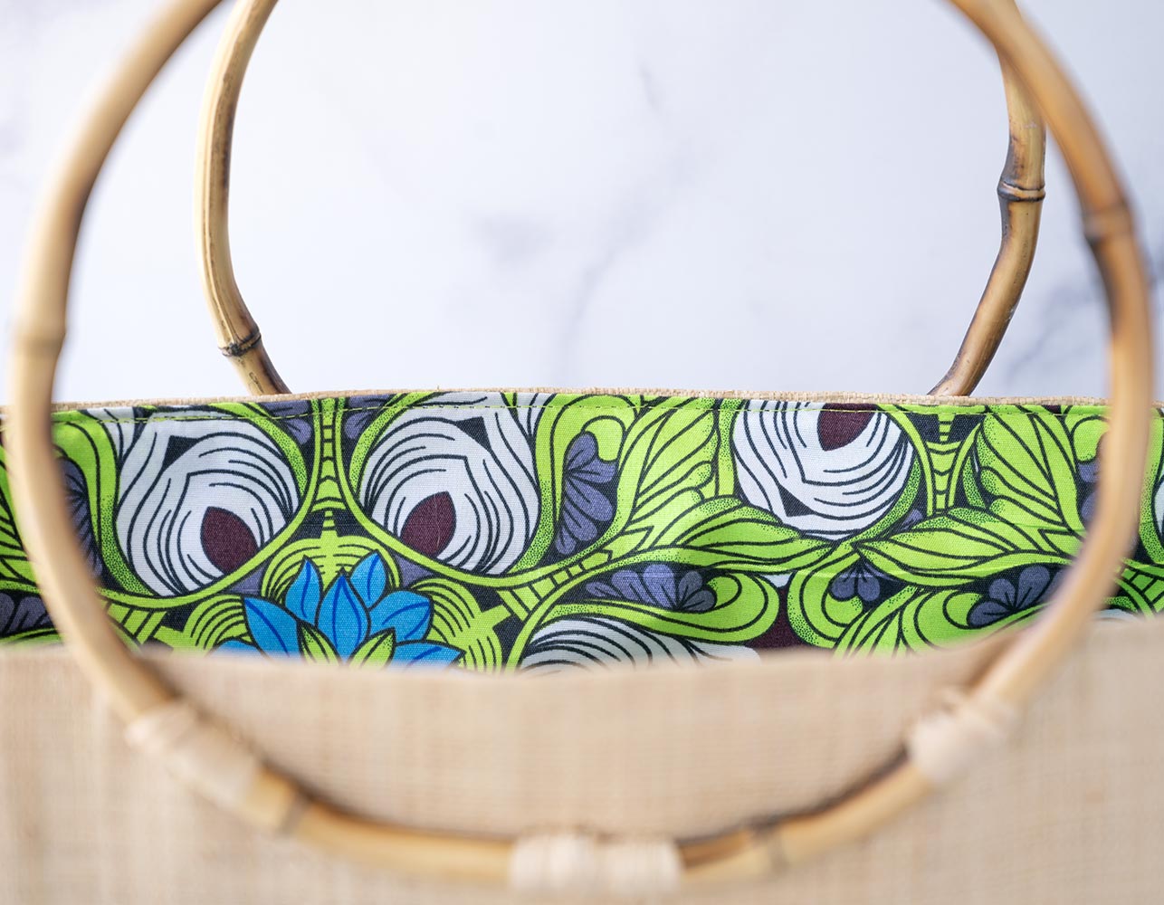Top Open Interior View of the Shebobo Bebe Straw Bag with Bamboo Handles