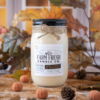 The Farm Fresh Candle Co. Fall Y'all candle with fall accents in front of a fall scene widow
