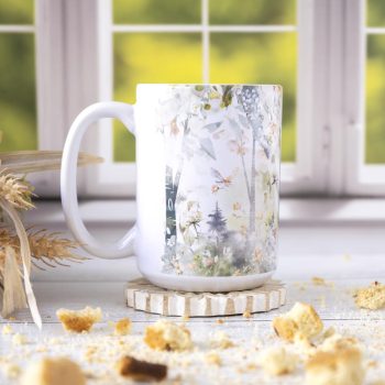Right view of the Flower Forest mug by Florae & Snow with a Flal window backdrop and biscotti pieces