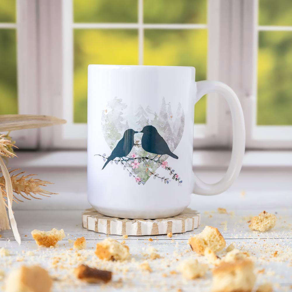 Left View of the Florae & Snow Lovebirds Day Series Mug
