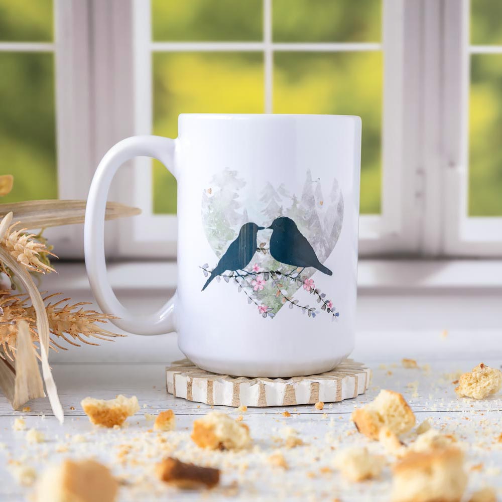 Right view of the Florae & Snow Lovebirds Day Series Mug