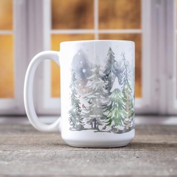 right view of the Winter Night Mug by Floarea & Snow on a wood top and back window backdrop