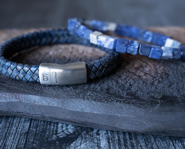 Steel & Barnett perfect pairing of the navy Cornall leather bracelet and marine matt stones bracelet on dark wood