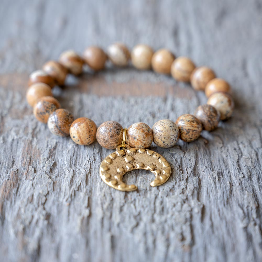 Closeup View of the Jasper Women’s Beaded Bracelet with Moon Charm by VB&CO