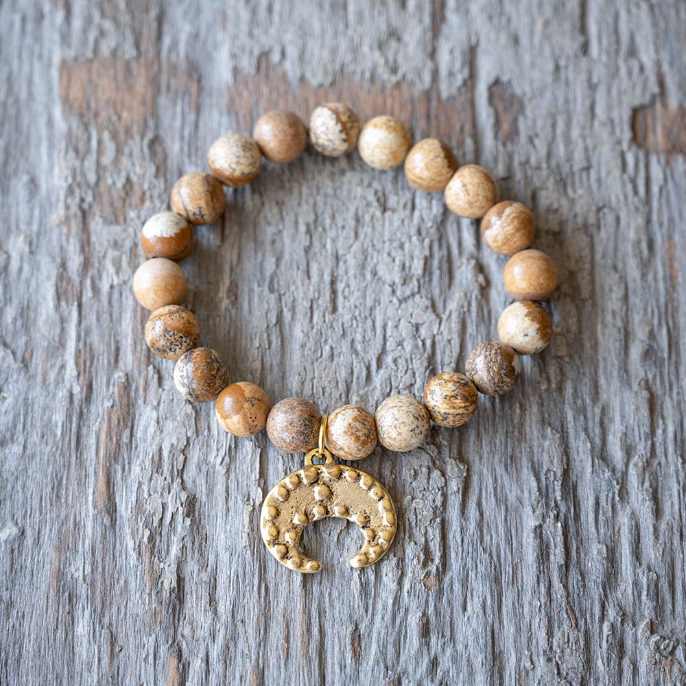 Top View of the Jasper Women’s Beaded Bracelet with Moon Charm by VB&CO