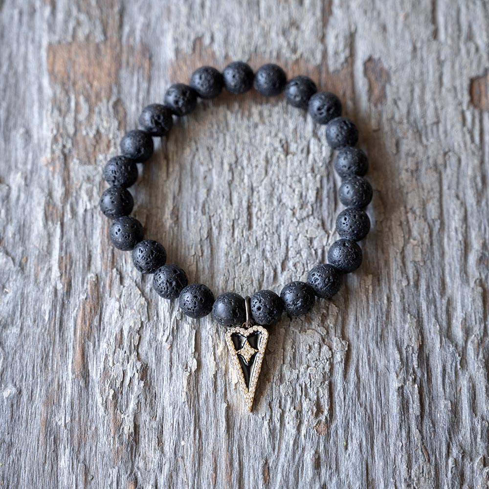 Front View of the Black Enamel Heart Charm with Crystals Lava Beads Bracelet by VB&CO Designs