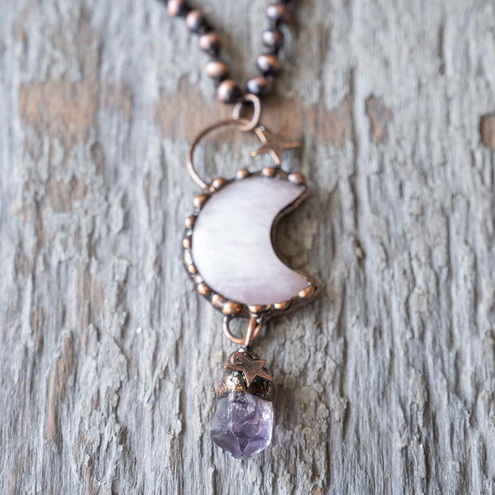 Front View of the VB&CO Designs Luna Moon Boho Necklace Stone Charm