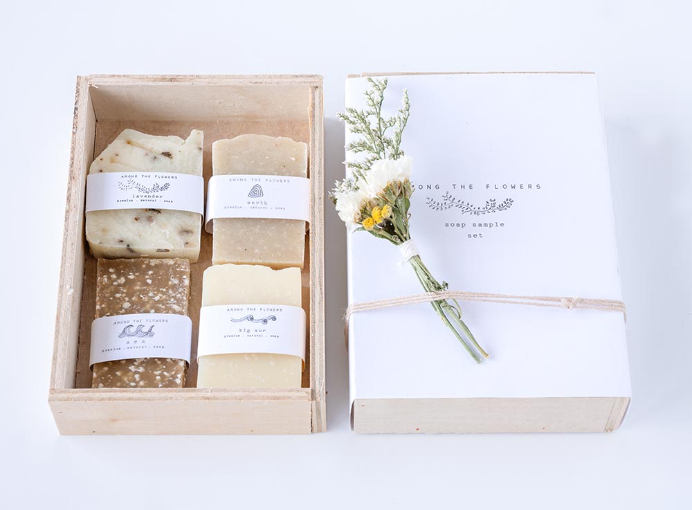 Soap Sampler Set by Among the Flowers Open Box with Branded flowers and packaging