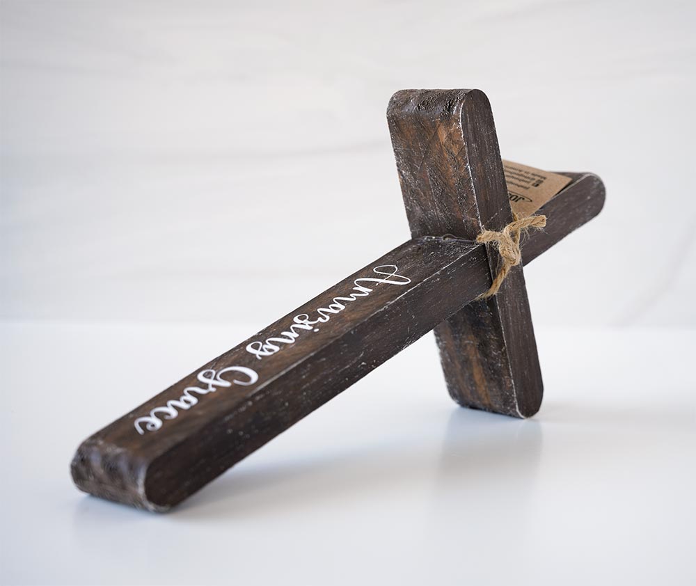 Angled Picture of the Joshua Jar Amazing Grace Rustic Wood Cross