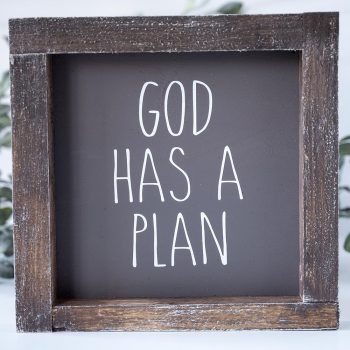 Joshua Jar God Has A Plan wood sign against a white backdrop and greenery