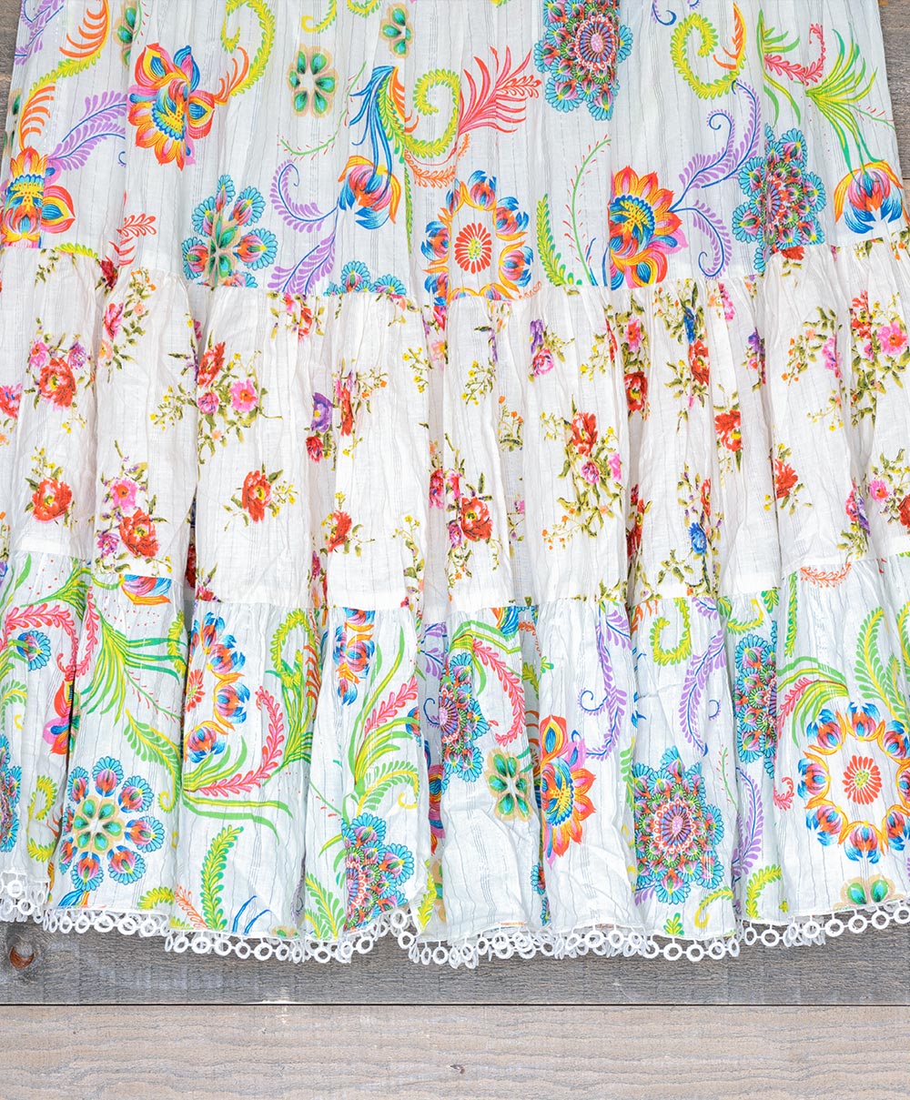 Lower View of the Ranee’s White Cotton Lurex Floral Dress