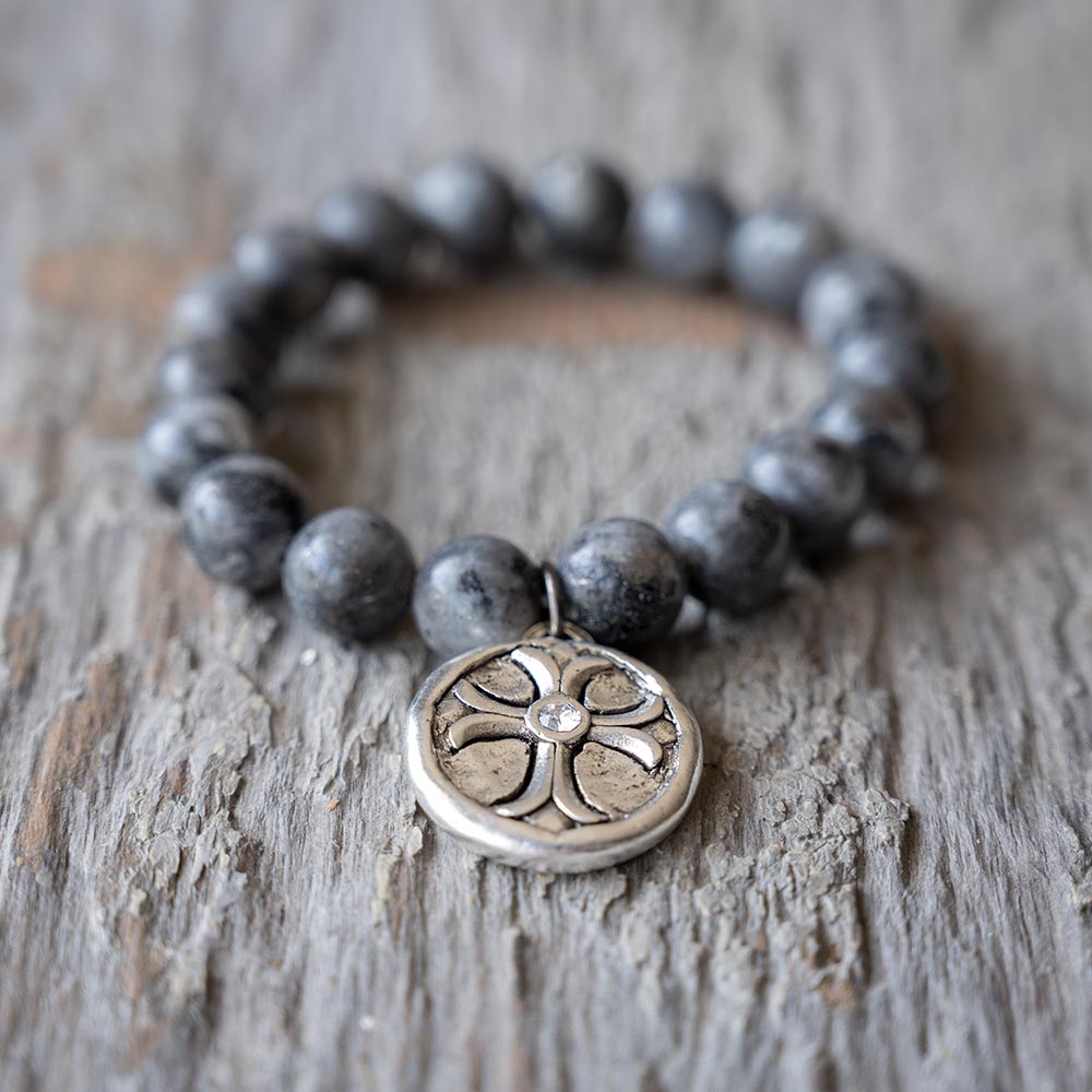 Closeup View of the VB&CO Labrodite Women's Beaded Bracelet with Cross and Crystal Charm