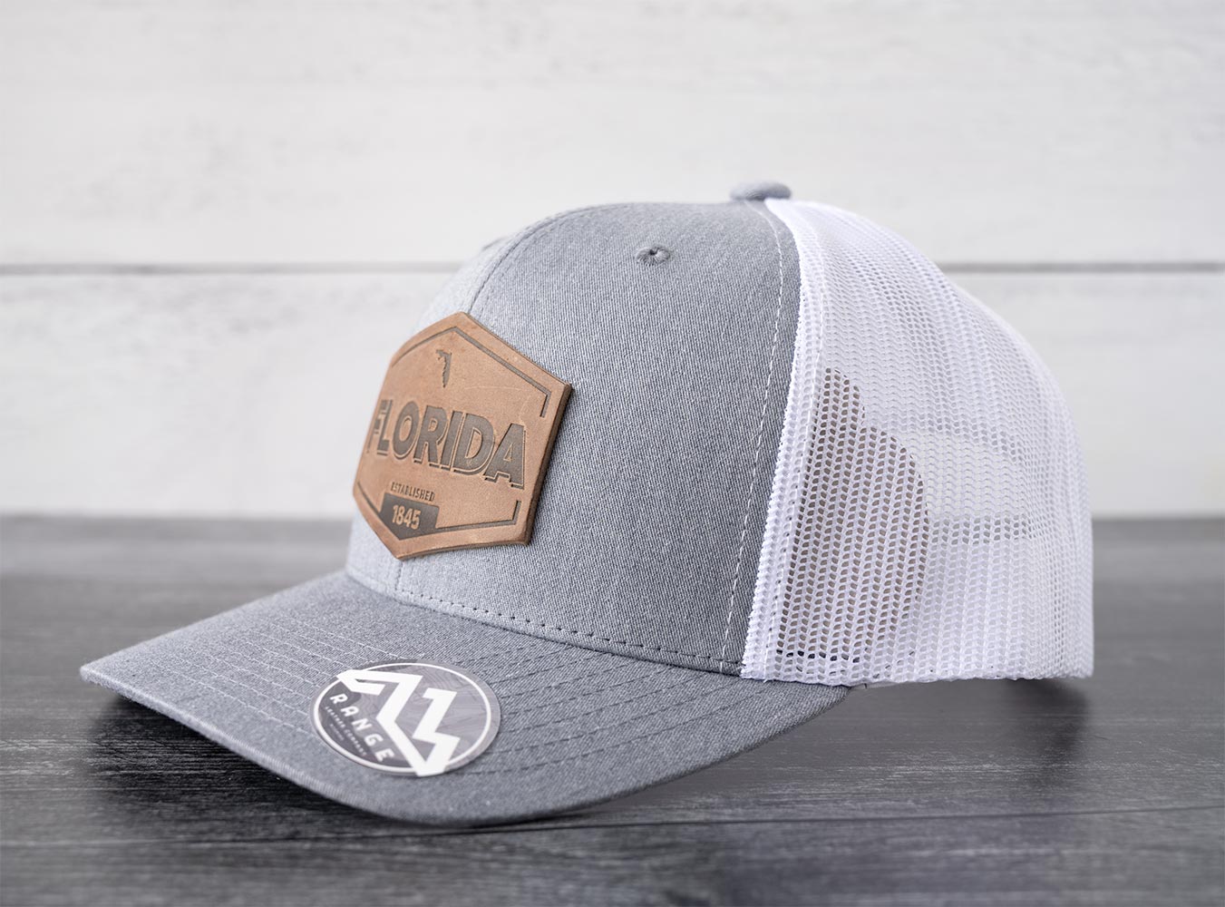 Left Side View of the RANGE Leather Florida Established Hat in Heather Gray & White