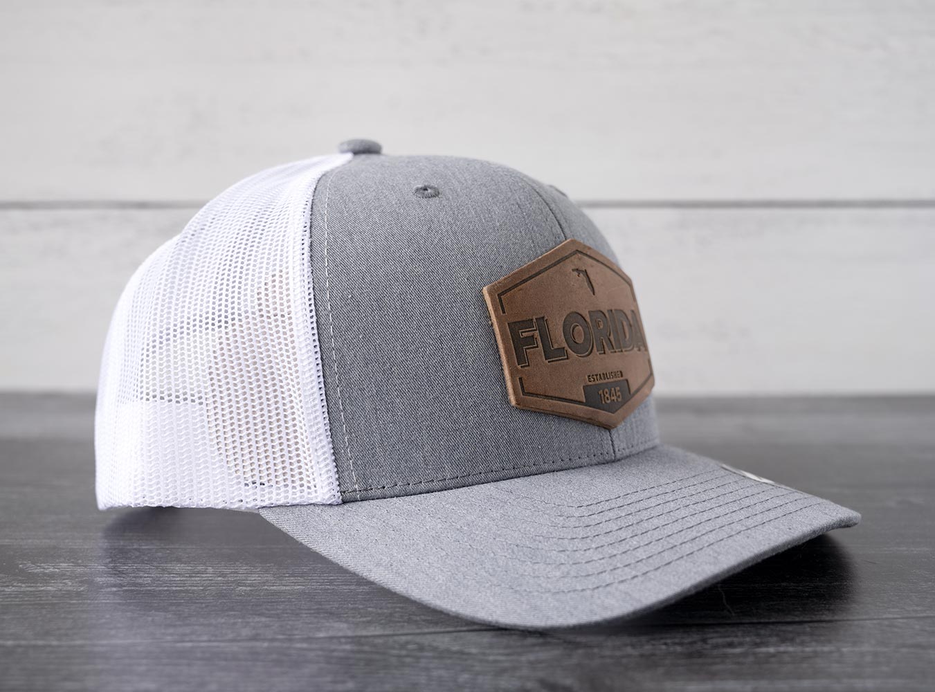 Right Side View of the RANGE Leather Florida Established Hat in Heather Gray & White