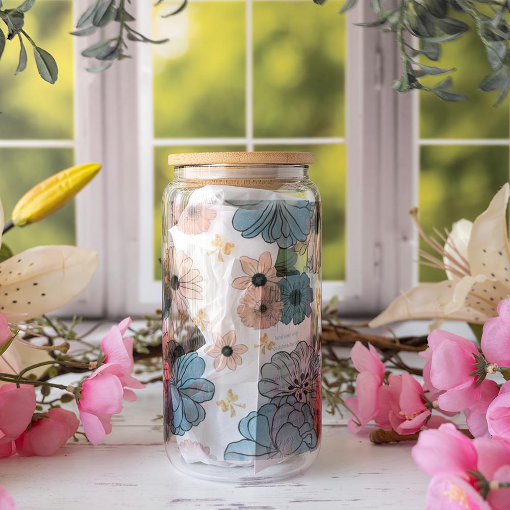 Right View of the Colorful Floral Glass Tumbler by Emma K Designs
