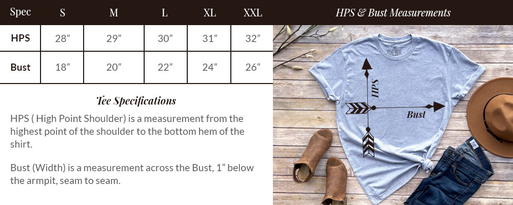 Size Specification sheet for 1350 West Premium Graphic Tees