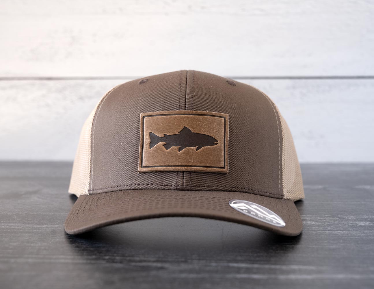 Front View of the RANGE Leather Trout Hat in the Color Brown & Khaki