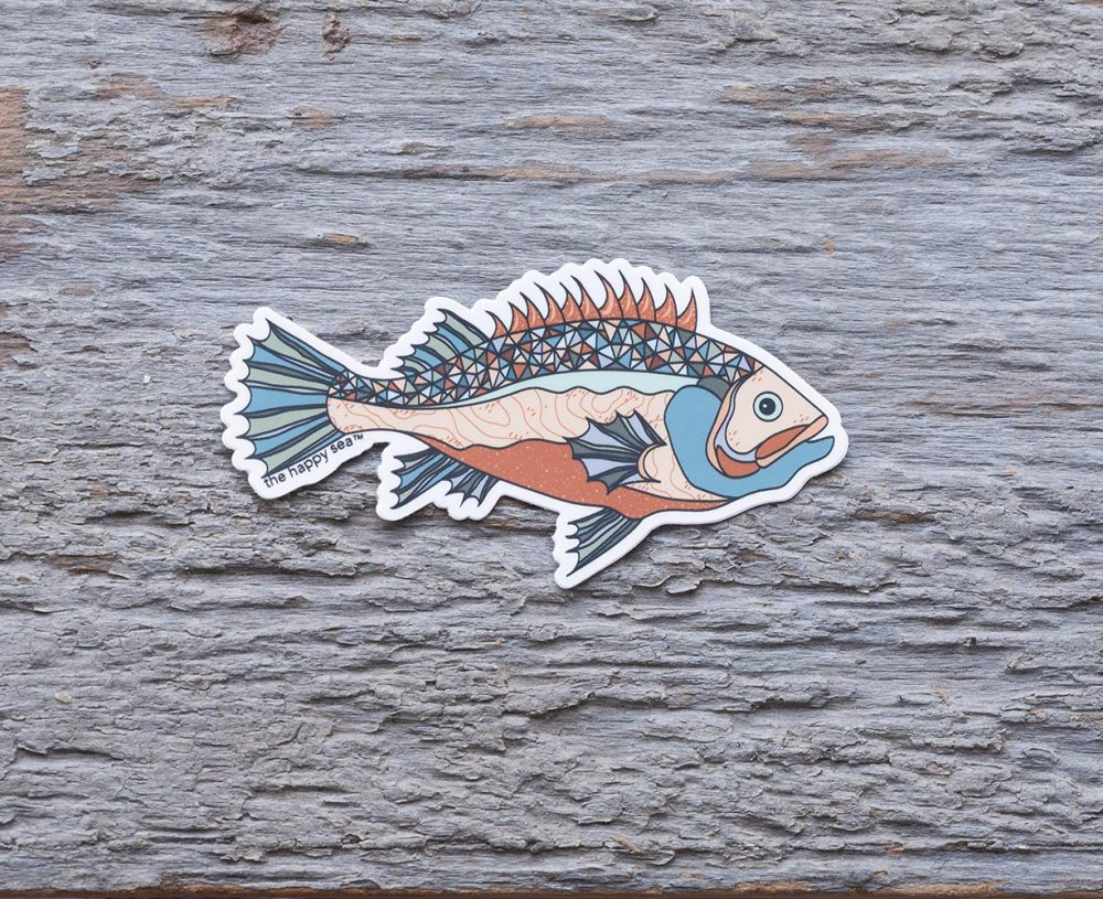 Top view of the Happy Sea Fish sticker on a rustic wood background