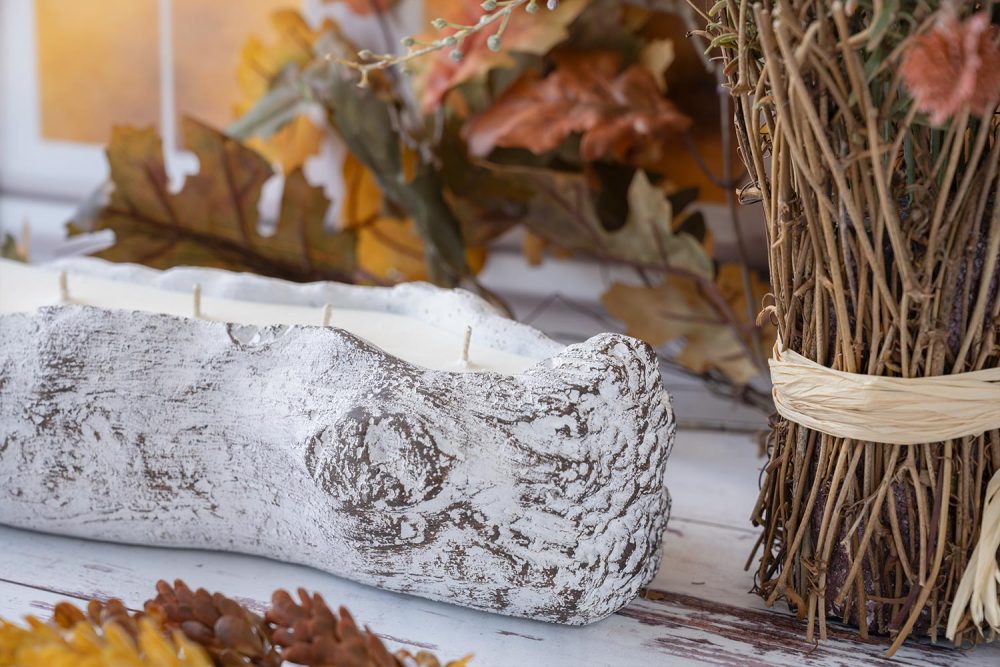 Closeup Angled View of the Faux Log Candle by Live Young Candle Company in the Fall Scent Flannel